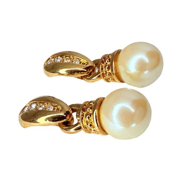 Vintage Gold-Tone White Pearl Door Knocker Dangle Earrings 1" Rhinestones - Picture 6 of 11